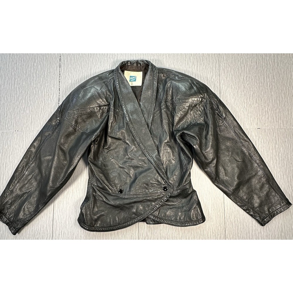 TANNERY WEST Black Leather Cropped Crossover Moto Biker Snaps Jacket VINTAGE